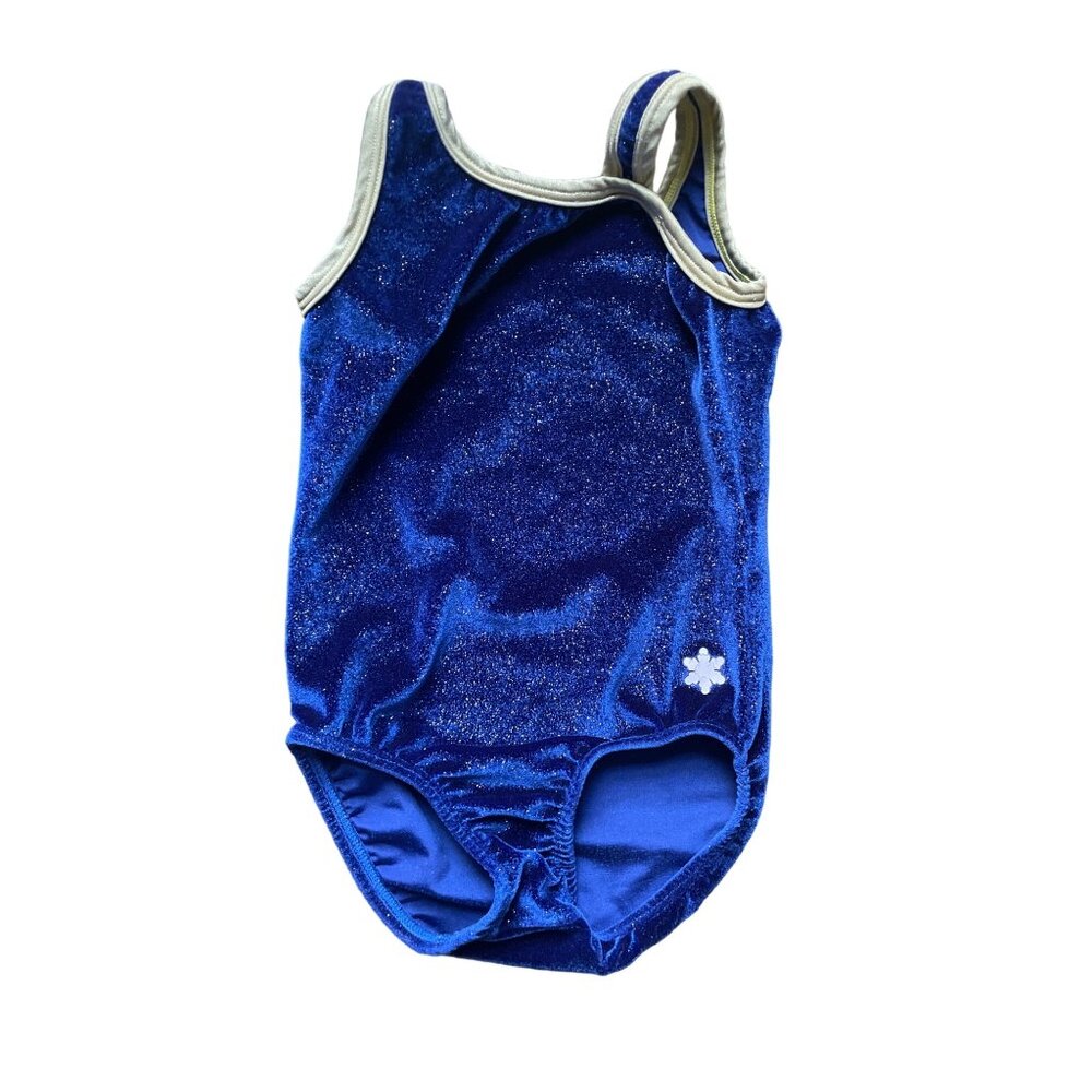 Snowflake Designs Girls Sparkly Blue Velvet Leotard Small With Gold Trim‎